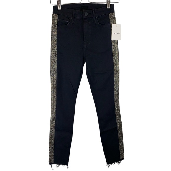 MOTHER NWT High Waist Looker Ankle  Fray Guilty Flash Beaded Stripe Black Jeans - Picture 2 of 14